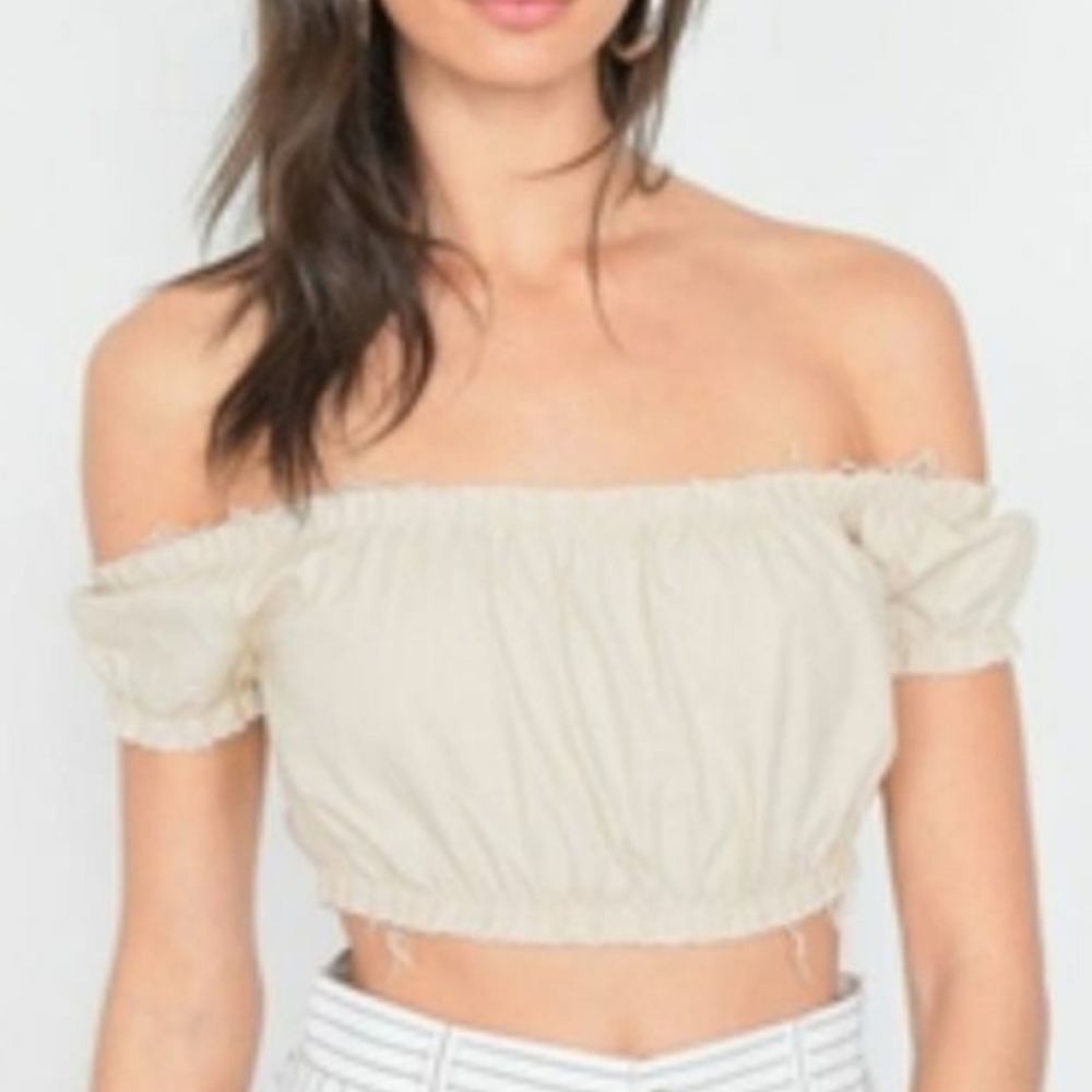 Urban Outfitters Khaki Tan Raw Hem Off The Shoulder Crop Top
